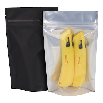 5 x 8 x 2 <span class='fraction'>1/2</span>", Black Back - Matte Stand-Up Barrier Pouches